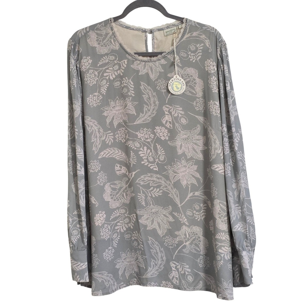 Spartina 449 Raynee Blouse Women XXL Soft Mist Floral Lace Trim Long Sleeve NEW